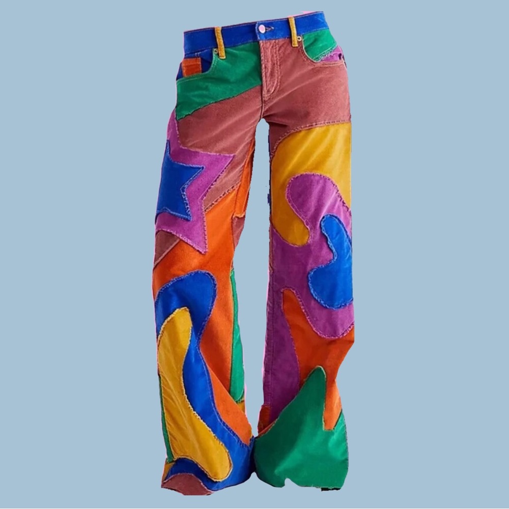 Free People Supernova Psychedelic Patched Wide Leg Cord Pants